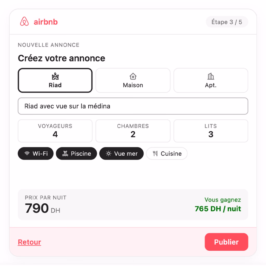 Création d'une annonce Airbnb avec Conciera — interface étape 3/5 avec sélection du type de bien, équipements et tarif