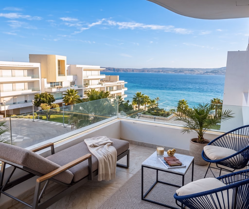 Location appartement à Tanger par nuit — terrasse avec vue mer sur la baie de Tanger, quartier Malabata