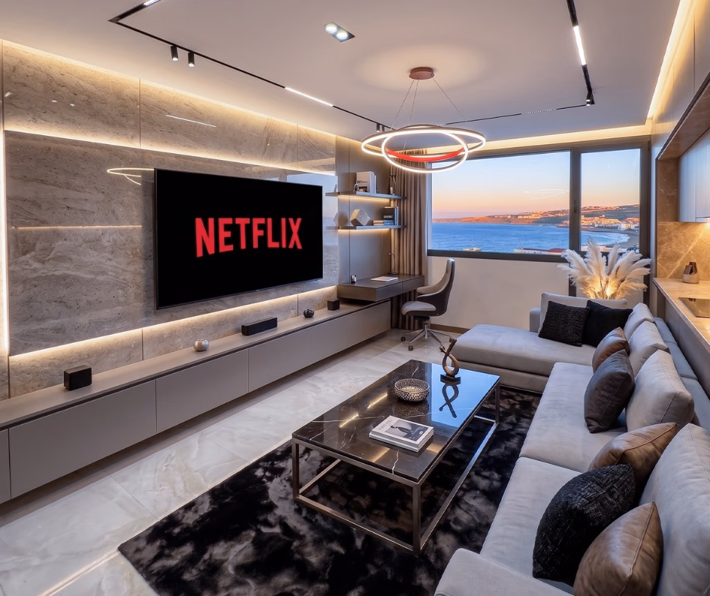 Appartement à louer à Tanger près de la gare TGV — salon design avec Smart TV Netflix et vue mer