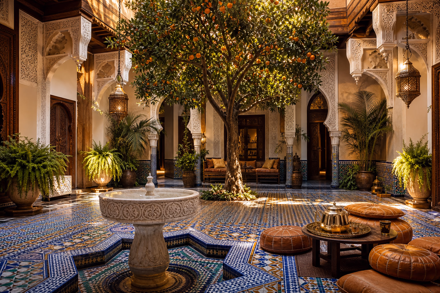 Patio de riad traditionnel marocain en exploitation Conciera — fontaine en marbre, zelliges polychromes et orangers en plein cœur de la médina