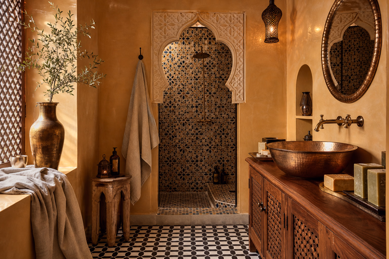 Salle de bain de riad — tadelakt ocre, vasque en cuivre martelé, douche zellige polychrome