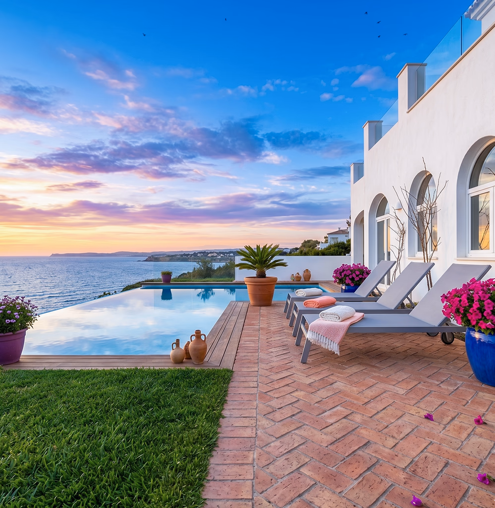 Villa à vendre à Tanger — villa contemporaine méditerranéenne vue mer avec piscine à débordement, terrasse pavée et bougainvilliers au coucher du soleil, accompagnée par l'agence Conciera à Cap Spartel, Achakar et Malabata Hills